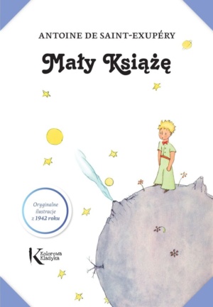 Okładka książki "Mały Książę" - bohater leży na planecie i patrzy w słońce, obok niego znajduje się róża