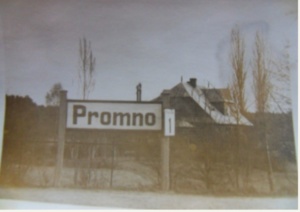 widok na dom Jasików, na pierwszym planie tablica informacyjna Promno - na peronie kolejowym